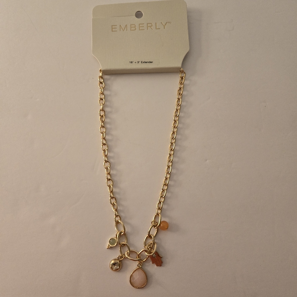 Emberly New Gold Tone Chain Necklace with 5 Charms Pink & Clear Stones